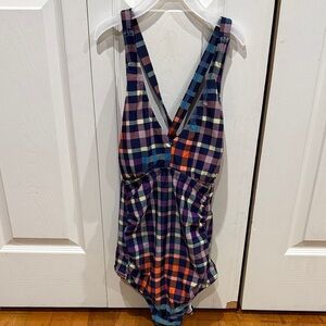 Motherhood Maternity Navy Plaid Swimsuit with Orange, Purple & Teal Medium